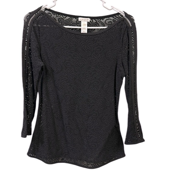 Cache Black Lace 3 Quarter Sleeve Sheer Stretch Cut Out Pullover Top Womens XS - Picture 6 of 8
